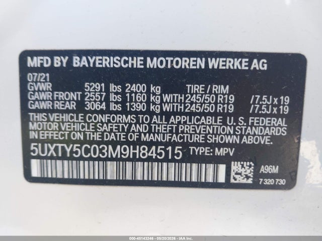 Aukcja sprzedaży 2021 Bmw X3 Xdrive30i, vin: 5UXTY5C03M9H84515, numer aukcji: 45143246