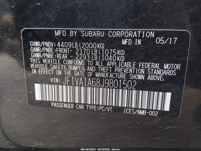 Aukcja sprzedaży 2018 Subaru Wrx, vin: JF1VA1A68J9801502, numer aukcji: 45143247