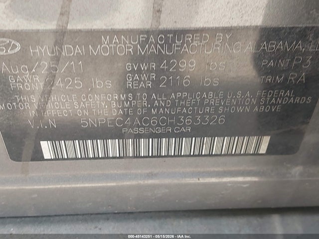 Auction sale of the 2012 Hyundai Sonata Se, vin: 5NPEC4AC6CH363326, lot number: 45143251