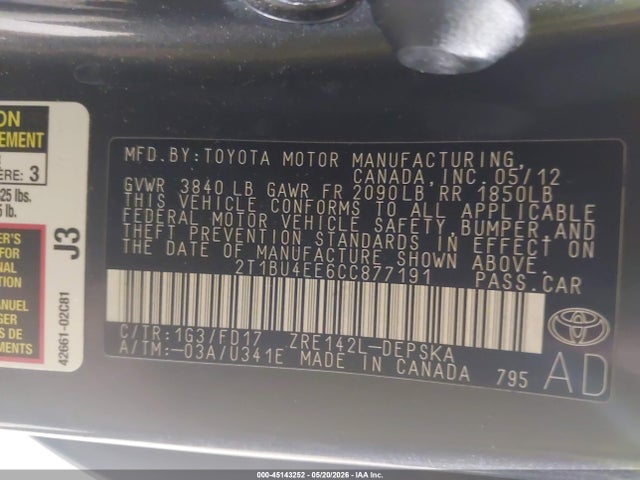 Продажа на аукционе авто 2012 Toyota Corolla S, vin: 2T1BU4EE6CC877191, номер лота: 45143252