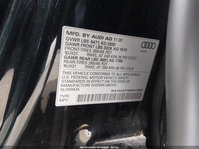 2021 Audi Q8 Premium 55 Tfsi Quattro Tiptronic მანქანა იყიდება აუქციონზე, vin: WA1AVAF16MD016899, აუქციონის ნომერი: 45143255