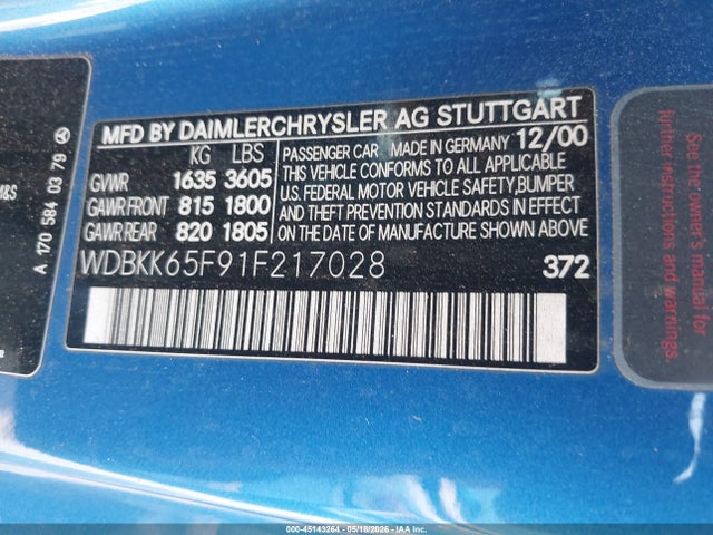 45143264 :رقم المزاد ، WDBKK65F91F217028 vin ، 2001 Mercedes-benz Slk 320 مزاد بيع