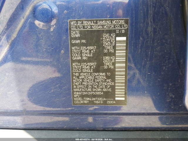 2019 Nissan Rogue Sv მანქანა იყიდება აუქციონზე, vin: KNMAT2MV2KP509854, აუქციონის ნომერი: 45143274