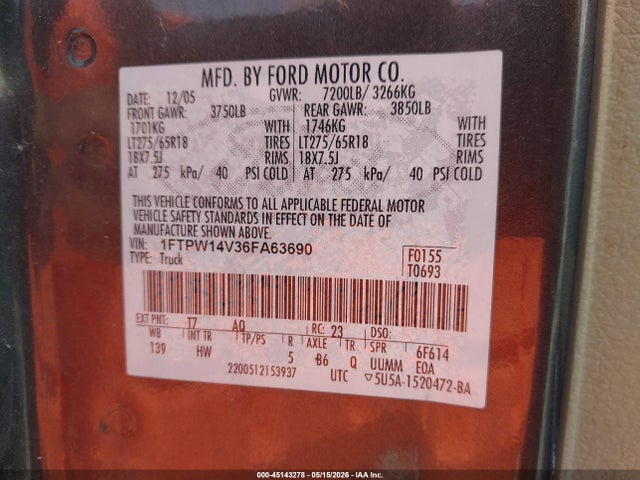45143278 :رقم المزاد ، 1FTPW14V36FA63690 vin ، 2006 Ford F-150 Fx4/lariat/xlt مزاد بيع