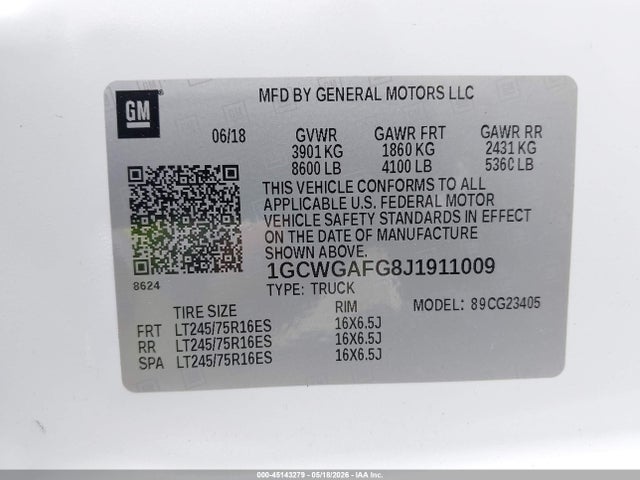 1GCWGAFG8J1911009 Chevrolet Express 2500 Work Van
