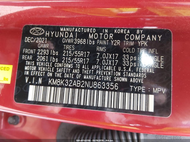 45143295 :رقم المزاد ، KM8K32AB2NU863356 vin ، 2022 Hyundai Kona Sel مزاد بيع