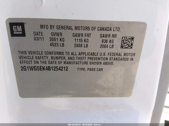 Продажа на аукционе авто 2011 Chevrolet Impala Lt, vin: 2G1WG5EK4B1254212, номер лота: 45143315