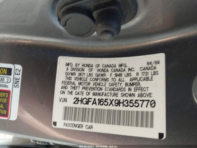 Aukcja sprzedaży 2009 Honda Civic Lx, vin: 2HGFA165X9H355770, numer aukcji: 45143321