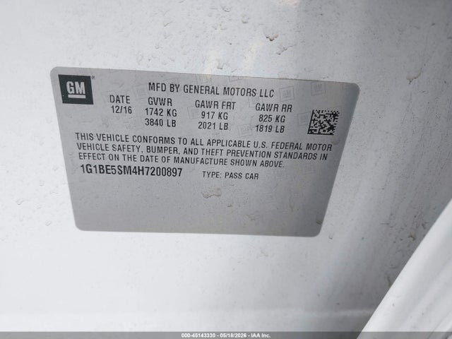45143330 :رقم المزاد ، 1G1BE5SM4H7200897 vin ، 2017 Chevrolet Cruze Lt Auto مزاد بيع