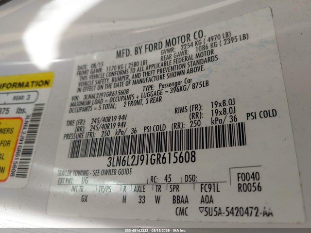 45143332 :رقم المزاد ، 3LN6L2J91GR615608 vin ، 2016 Lincoln Mkz مزاد بيع