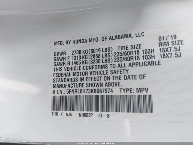 Продажа на аукционе авто 2019 Honda Odyssey Ex-l, vin: 5FNRL6H73KB067974, номер лота: 45143333
