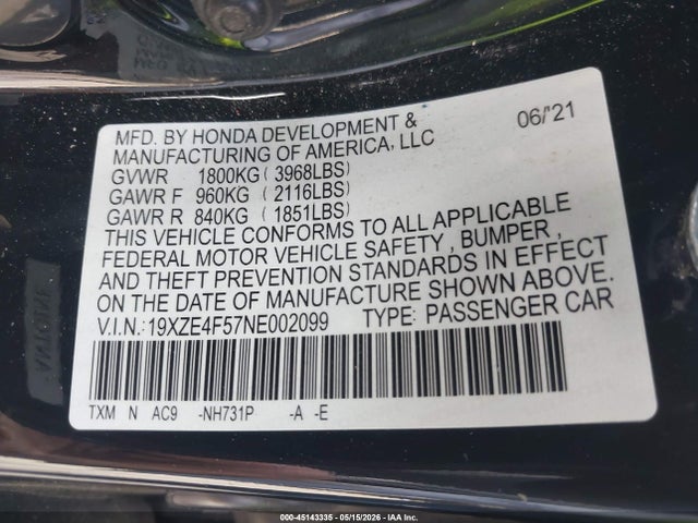 Aukcja sprzedaży 2022 Honda Insight Ex, vin: 19XZE4F57NE002099, numer aukcji: 45143335