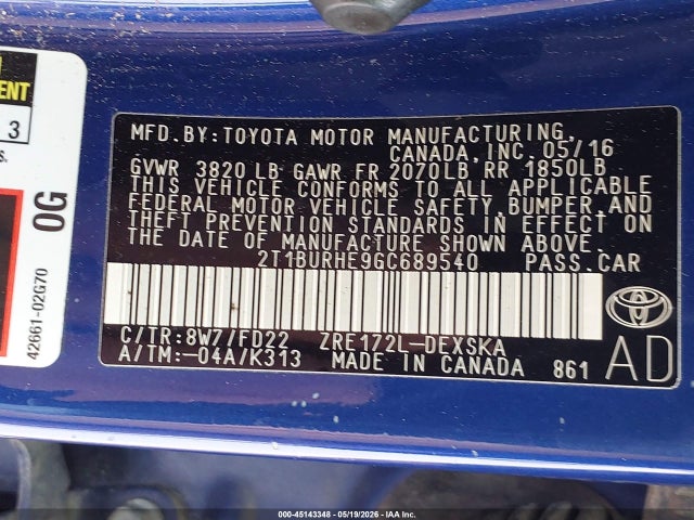 Aukcja sprzedaży 2016 Toyota Corolla S, vin: 2T1BURHE9GC689540, numer aukcji: 45143348