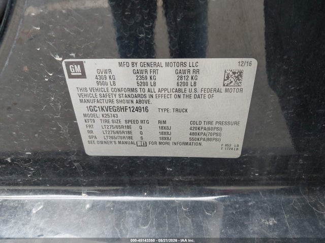 45143350 :رقم المزاد ، 1GC1KVEG8HF124916 vin ، 2017 Chevrolet Silverado 2500hd Lt مزاد بيع
