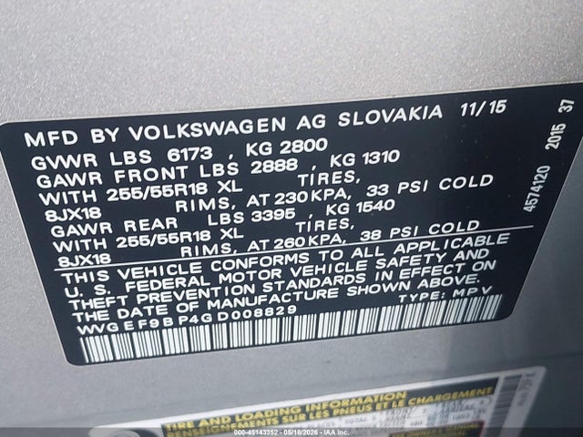Продаж на аукціоні авто 2016 Volkswagen Touareg Vr6 Sport, vin: WVGEF9BP4GD008829, номер лоту: 45143352