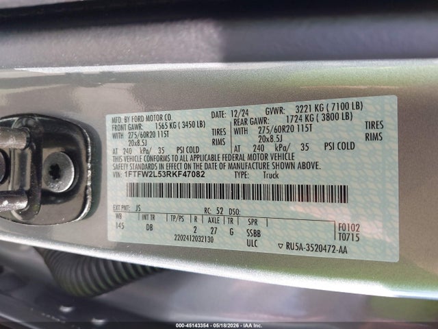 Aukcja sprzedaży 2024 Ford F-150 Stx, vin: 1FTFW2L53RKF47082, numer aukcji: 45143354