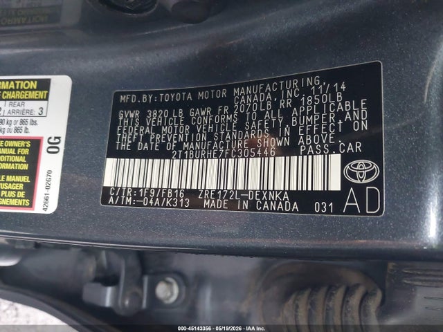 2015 Toyota Corolla Le მანქანა იყიდება აუქციონზე, vin: 2T1BURHE7FC305446, აუქციონის ნომერი: 45143356