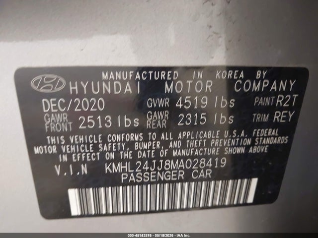 Aukcja sprzedaży 2021 Hyundai Sonata Blue, vin: KMHL24JJ8MA028419, numer aukcji: 45143376