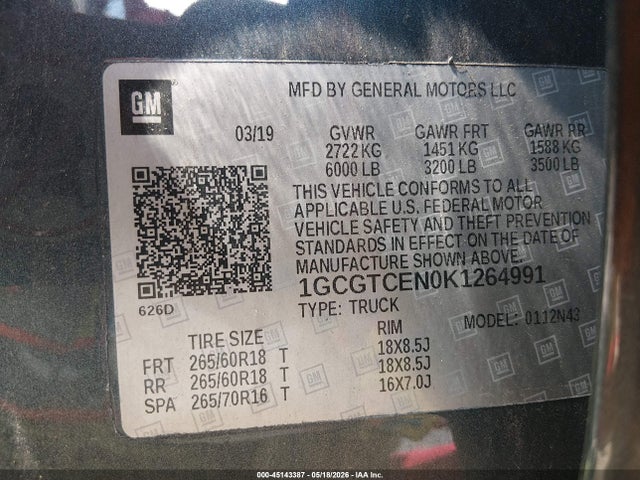 Продаж на аукціоні авто 2019 Chevrolet Colorado Lt, vin: 1GCGTCEN0K1264991, номер лоту: 45143387