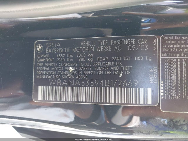 45143389 :رقم المزاد ، WBANA53594B172669 vin ، 2004 Bmw 525i مزاد بيع