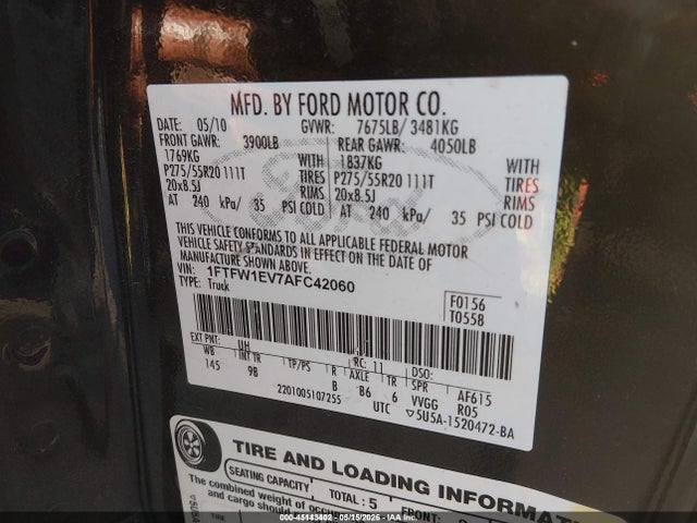Auction sale of the 2010 Ford F-150 Fx4/harley-davidson/king Ranch/lariat/platinum/xl/xlt, vin: 1FTFW1EV7AFC42060, lot number: 45143402