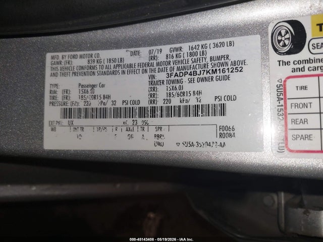 2019 Ford Fiesta Se მანქანა იყიდება აუქციონზე, vin: 3FADP4BJ7KM161252, აუქციონის ნომერი: 45143408