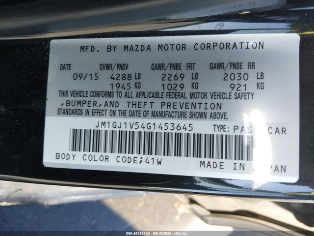 Aukcja sprzedaży 2016 Mazda Mazda6 I Touring, vin: JM1GJ1V54G1453645, numer aukcji: 45143409