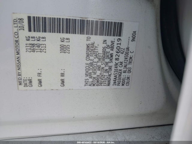 Продаж на аукціоні авто 2009 Nissan Maxima 3.5 Sv, vin: 1N4AA51E49C826019, номер лоту: 45143422