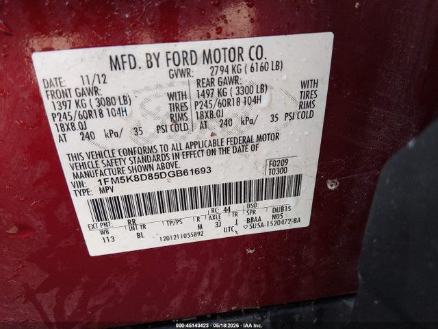 2013 Ford Explorer Xlt მანქანა იყიდება აუქციონზე, vin: 1FM5K8D85DGB61693, აუქციონის ნომერი: 45143423