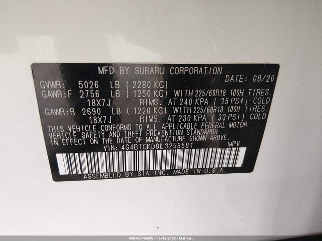 45143426 :رقم المزاد ، 4S4BTGKD8L3258581 vin ، 2020 Subaru Outback Onyx Edition Xt مزاد بيع