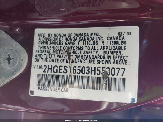 45143431 :رقم المزاد ، 2HGES16503H553077 vin ، 2003 Honda Civic Lx مزاد بيع