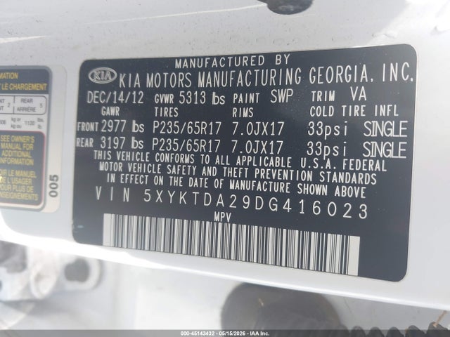 Продажа на аукционе авто 2013 Kia Sorento Lx V6, vin: 5XYKTDA29DG416023, номер лота: 45143432