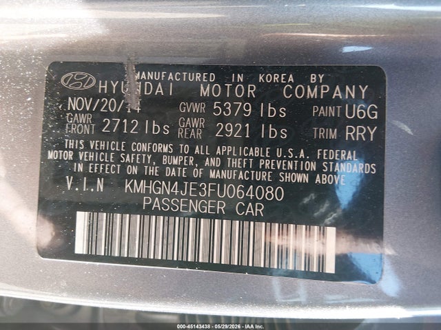 Продажа на аукционе авто 2015 Hyundai Genesis 3.8, vin: KMHGN4JE3FU064080, номер лота: 45143438