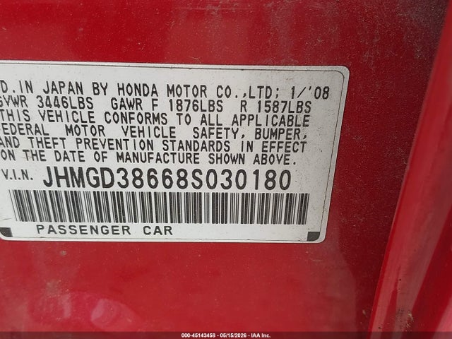 Aukcja sprzedaży 2008 Honda Fit Sport, vin: JHMGD38668S030180, numer aukcji: 45143458