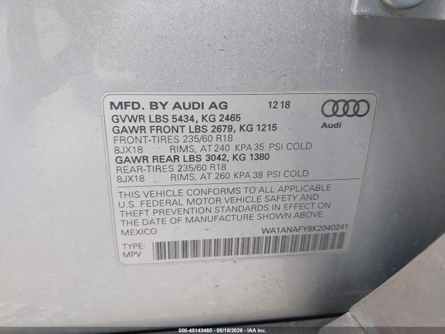 Продаж на аукціоні авто 2019 Audi Q5 45 Premium, vin: WA1ANAFY8K2040241, номер лоту: 45143460