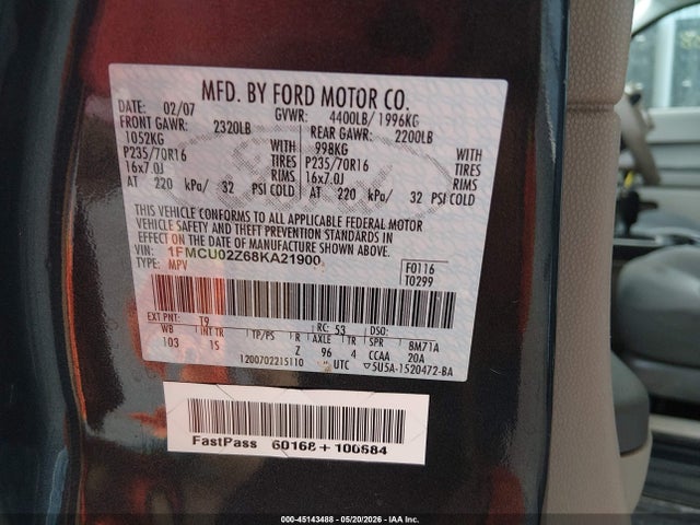 45143488 :رقم المزاد ، 1FMCU02Z68KA21900 vin ، 2008 Ford Escape Xls/xls Manual مزاد بيع
