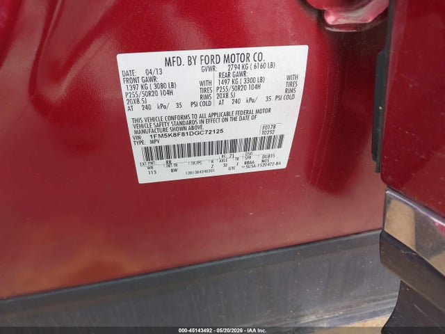 45143492 :رقم المزاد ، 1FM5K8F81DGC72125 vin ، 2013 Ford Explorer Limited مزاد بيع