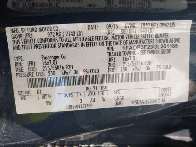 45143496 :رقم المزاد ، 1FADP3F23GL201185 vin ، 2016 Ford Focus Se مزاد بيع