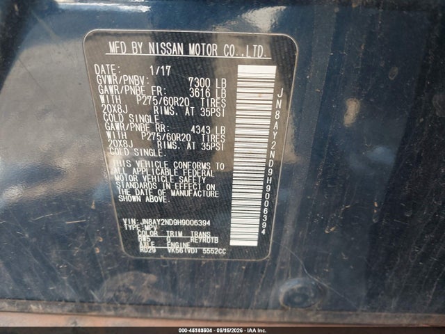 Продаж на аукціоні авто 2017 Nissan Armada Sl, vin: JN8AY2ND9H9006394, номер лоту: 45143504