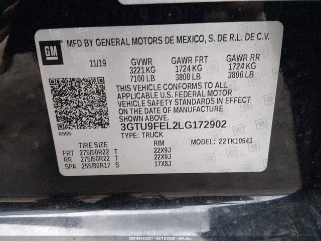45143521 :رقم المزاد ، 3GTU9FEL2LG172902 vin ، 2020 Gmc Sierra 1500 مزاد بيع
