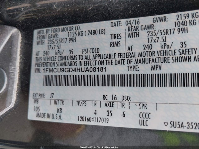 Aukcja sprzedaży 2017 Ford Escape Se, vin: 1FMCU9GD4HUA08181, numer aukcji: 45143528