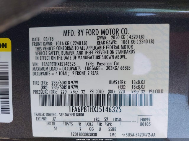 Aukcja sprzedaży 2018 Ford Mustang Ecoboost, vin: 1FA6P8THXJ5146325, numer aukcji: 45143529