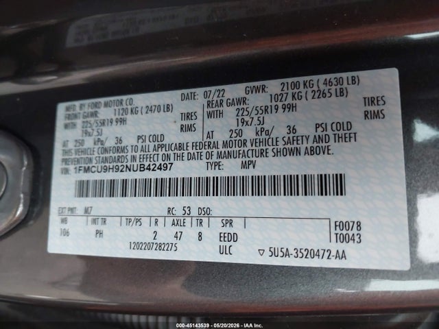 Aukcja sprzedaży 2022 Ford Escape Sel, vin: 1FMCU9H92NUB42497, numer aukcji: 45143539