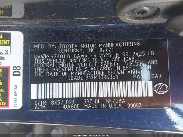 Aukcja sprzedaży 2021 Lexus Es 350, vin: 58ADZ1B1XMU095351, numer aukcji: 45143544