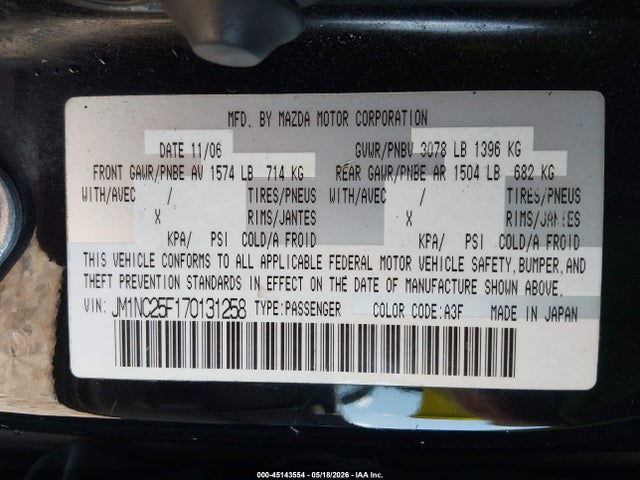 Aukcja sprzedaży 2007 Mazda Mx-5 Sport, vin: JM1NC25F170131258, numer aukcji: 45143554