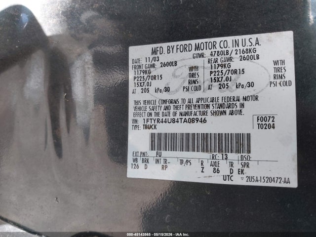 45143565 :رقم المزاد ، 1FTYR44U84TA08946 vin ، 2004 Ford Ranger Edge/tremor/xlt مزاد بيع