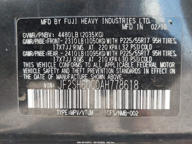 Продажа на аукционе авто 2010 Subaru Forester 2.5x Limited, vin: JF2SH6DC0AH778618, номер лота: 45143570