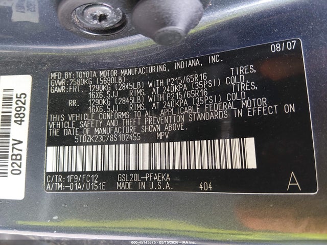 2008 Toyota Sienna Le მანქანა იყიდება აუქციონზე, vin: 5TDZK23C78S102455, აუქციონის ნომერი: 45143575