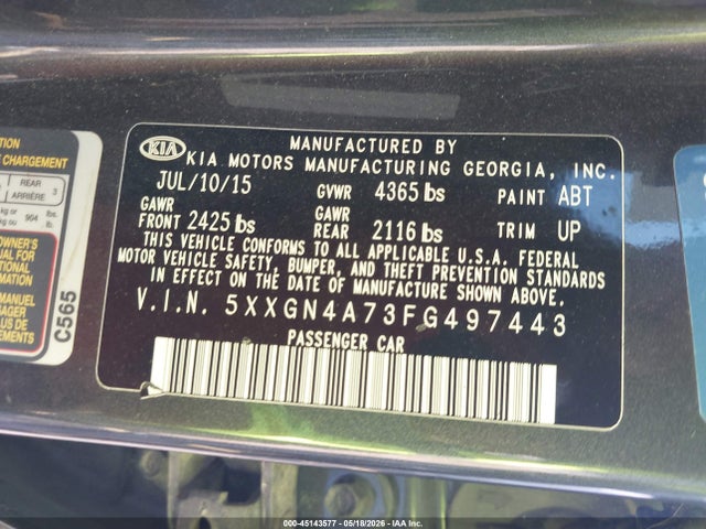 45143577 :رقم المزاد ، 5XXGN4A73FG497443 vin ، 2015 Kia Optima Ex مزاد بيع
