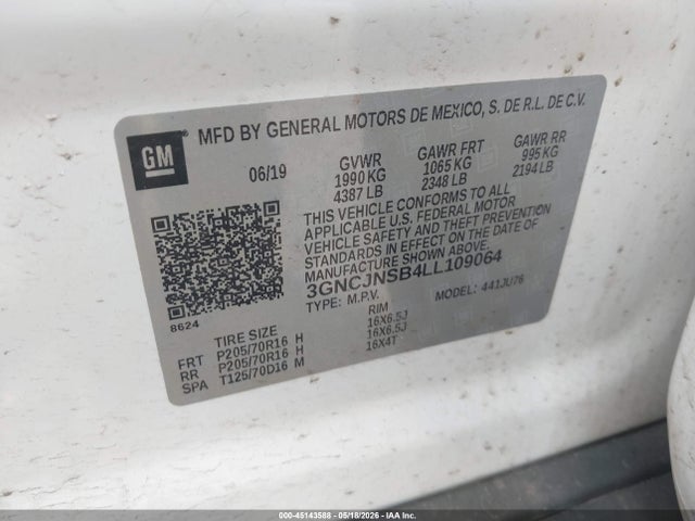 Продаж на аукціоні авто 2020 Chevrolet Trax Awd Ls, vin: 3GNCJNSB4LL109064, номер лоту: 45143588